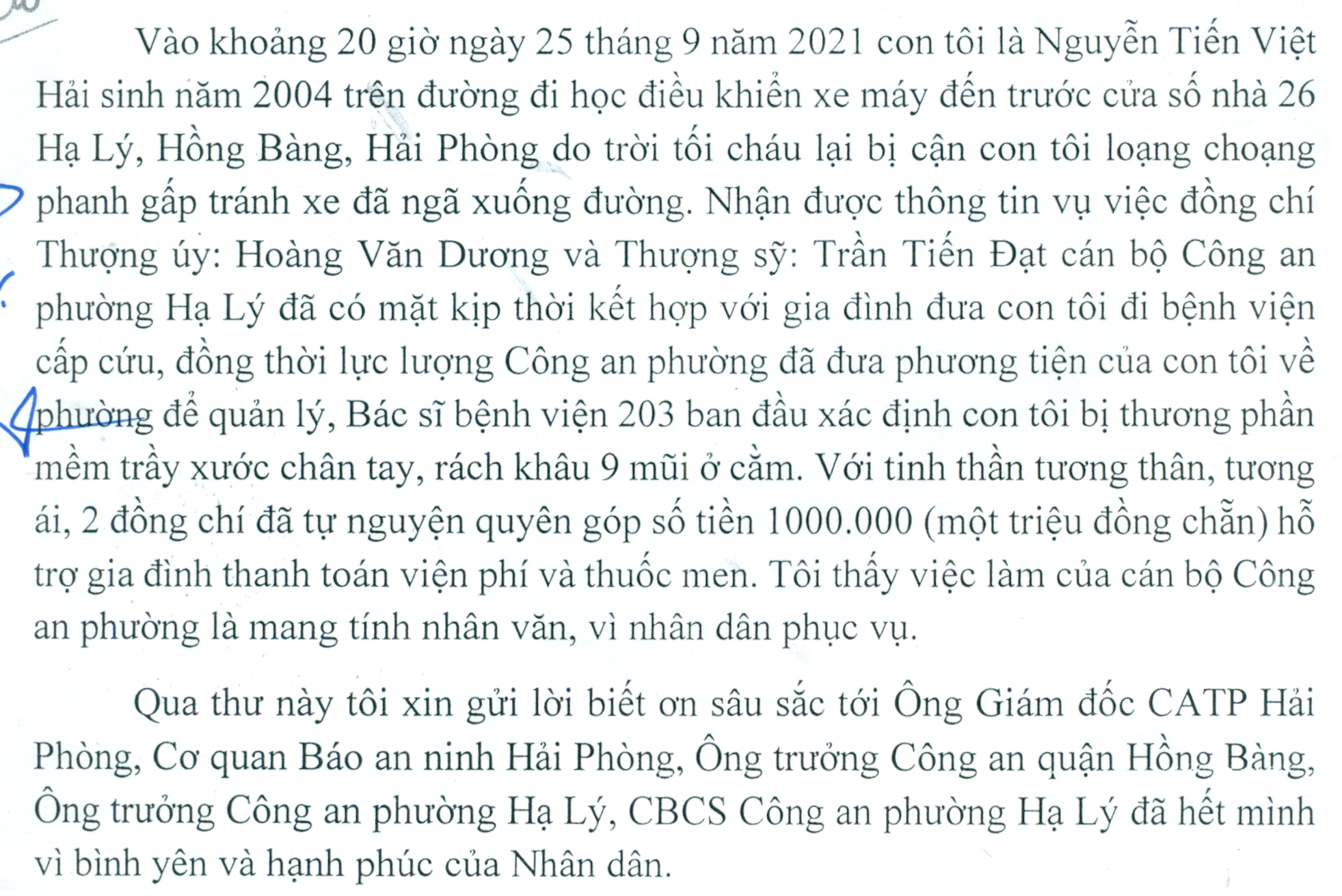 Ông Nguyễn Tiến Luân (quận Hồng Bàng) gửi thư cảm ơn